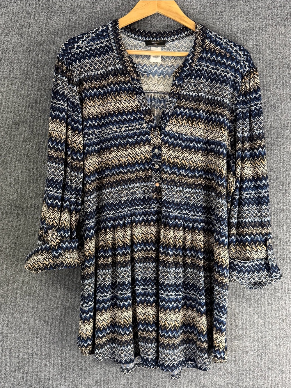 Verarose Womens 3X Chevron Top Blue Tan 3/4 Sleeve Office Casual Stretch Comfort